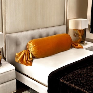 Luxurious Mustard Gold Velvet Decorative Bolster Bow Pillow With Insert-Roll Pillow-Housewarming gift-Bedroom Decor-Minimalist Home Decor