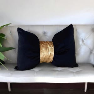 Housewarming gift luxury  gold  andblack velvet   bow pillow