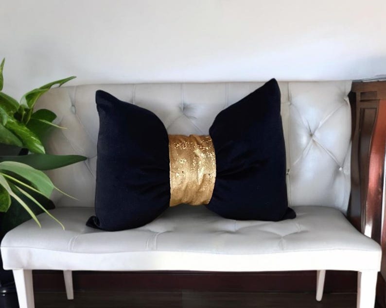 Housewarming gift luxury  gold  andblack velvet   bow pillow