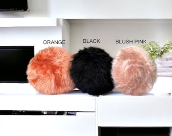 Boho Orange Faux Fur Round Pillow Cover, Home Decor