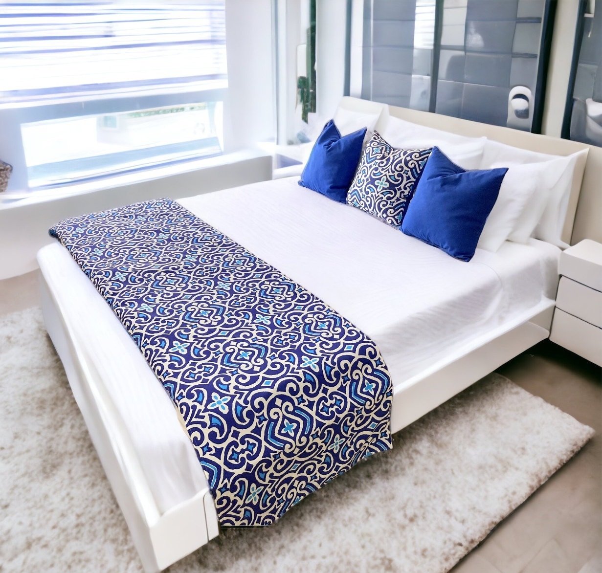 Camino de cama turquesa marino, decoración navideña, decoración de dormitorio, idea de regalo, decoración bohemia, regalo de cumpleaños, inauguración de la casa, ropa de cama