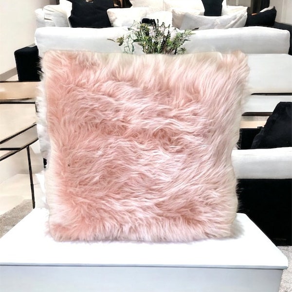 Blush Pink faux fur boho pillow case,Cozy pillow covers,Home decoration,Farm House,Throw Pillows,Birthday Gift