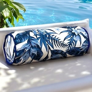 Navy Blue Floral Decorative Garden Outdoor Piping Bolser Pillow Cover