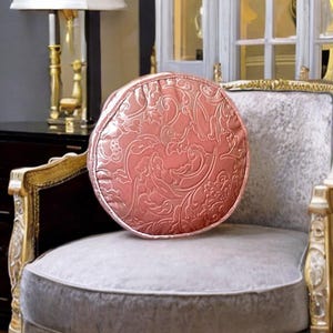 Luxurious Pink Floral Piping Velvet Round Decorative Throw Pillow With Insert-Birthday Gift-Housewarming Gift-Nursery decor-Stylish Pillow