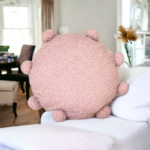 Almohada circular de pompones de boucle rosa pálido, almohada linda, hecha a mano, almohadas, funda de cojín, regalo para el hogar