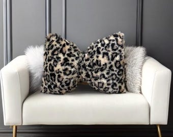 Boho Cheetah Faux Fur Decorative Bow Pillow - 12x18&quot;-Birthday gift-Baby Shower Gift-Housewarming gift-Home Decoration