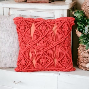 Coral floral hand knotted macrame pillow cover,Boho,Bohemian,Throw pillow,Hand Made,Cushion Case