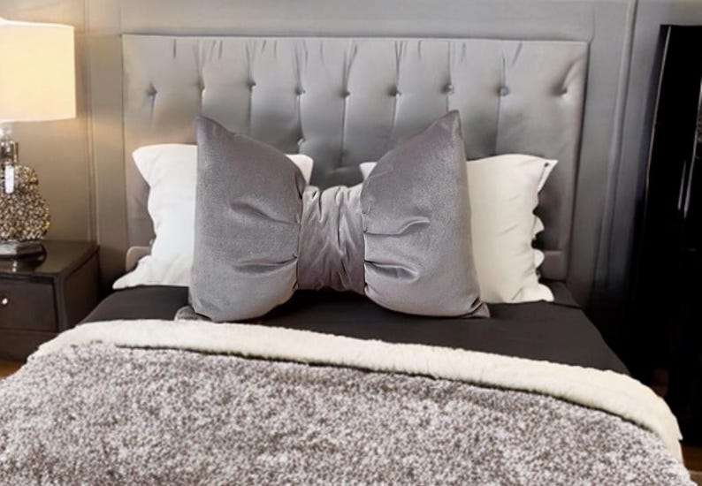 Elegance bedroom decor  gray velvet bow  pillow