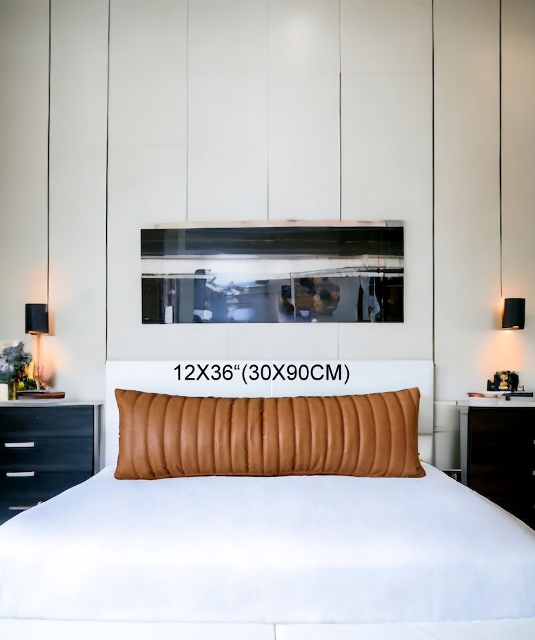 Cognac Faux Leather Lumbar Pillow Cover,throw Pillow,channel Stitched,rectangle Pillow,modern