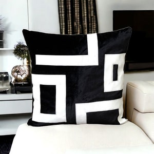 Black and white leather details luxury minimalist velvet pillow case