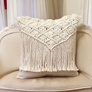 Ivory floral hand knotted cotton tassel macrame pillow cover,Boho Decor,Throw pillow,30 Different colors