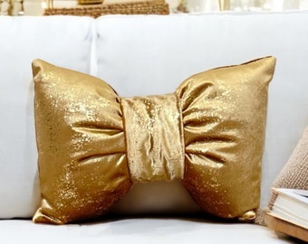 Luxurious Gold Velvet Decorative Bow Pillow - 12x18&quot;-Birthday Gift-Housewarming gift-Home decoration-Valentines  Day Gift