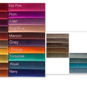 May include: A color chart showing 20 different fabric swatches in various colors, including red, burgundy, purple, chocolate, terracotta, khaki, gold, olive, brown, rust, hot pink, plum, lilac, pale pink, maroon, grey, orange, turquoise, royal, and navy.