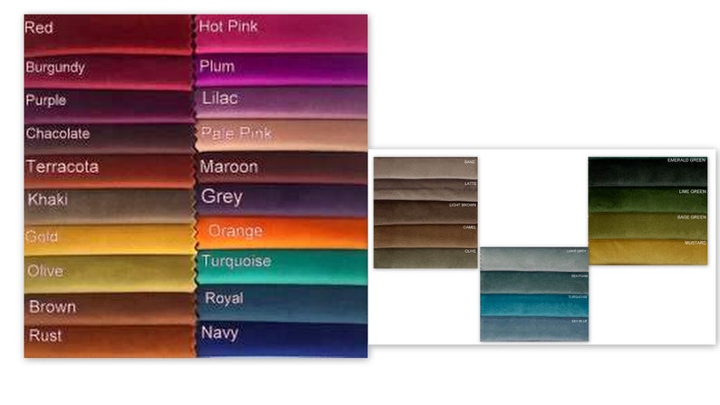 May include: A color chart showing 20 different fabric swatches in various colors, including red, burgundy, purple, chocolate, terracotta, khaki, gold, olive, brown, rust, hot pink, plum, lilac, pale pink, maroon, grey, orange, turquoise, royal, and navy.