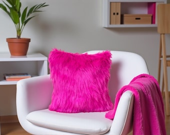 Hot Pink Faux Fur Pillow Case:Boho Home Decor