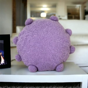 Almohada circular con pompones de boucle lila, almohada linda, hecha a mano, almohadas, funda de cojín, regalo para el hogar, almohadas decorativas