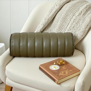 Olive Green Piping Faux Leather Channel Stitched Bolster Pillow Cover:Trendy Throw Pillow Case