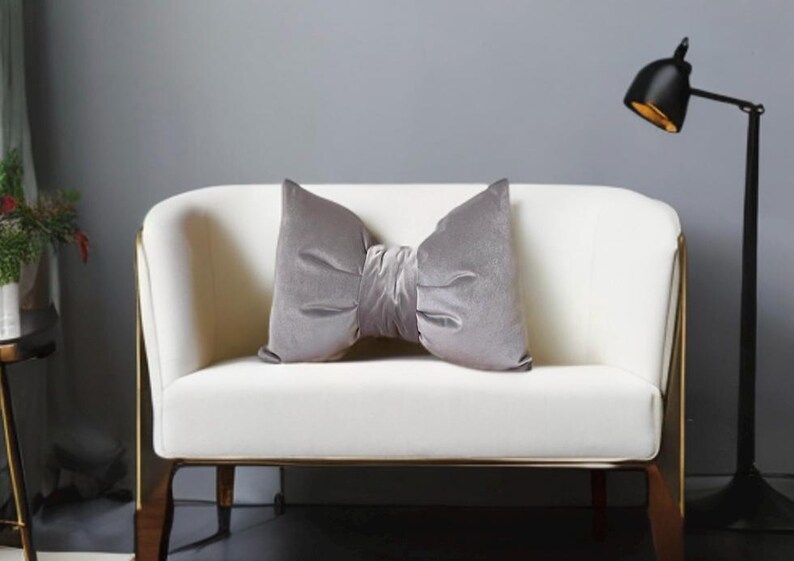 Hand crafted grey velvet bow pillow
