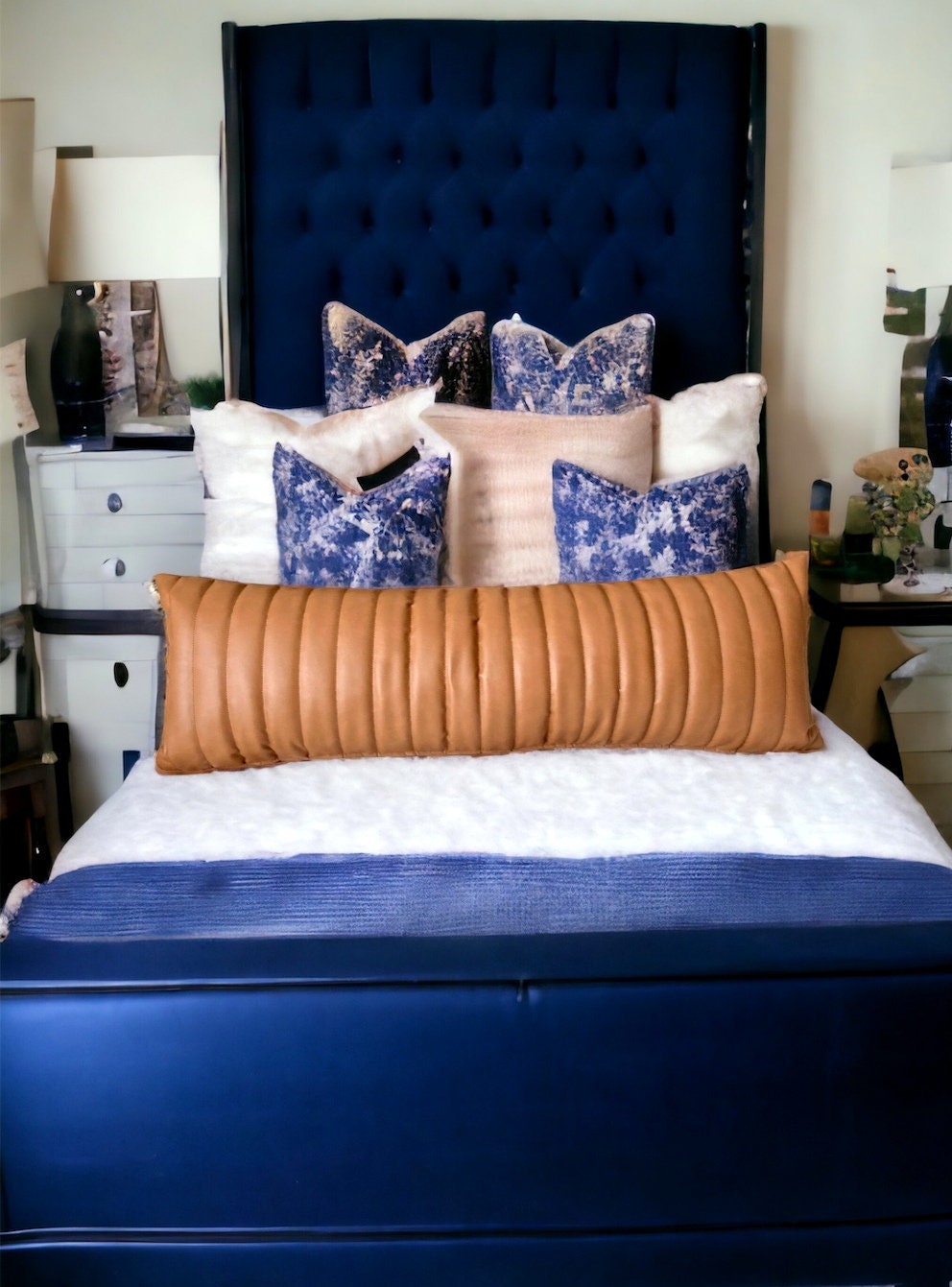 Cognac Faux Leather Lumbar Pillow Cover,throw Pillow,channel Stitched