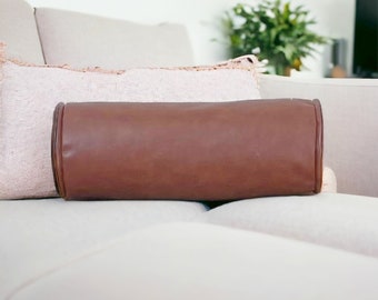 Brown Faux leather bolster pillow cover-Birthday gift-Piping bolster