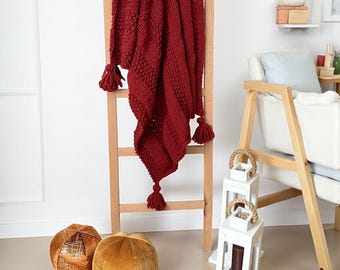 Cozy Rust hand knit wool TV blanket:Boho Chic Throw blanket