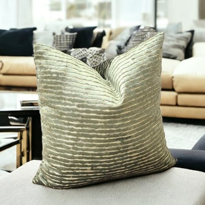 Sage Green Gold Elegant Velvet Striped Cushion Cover