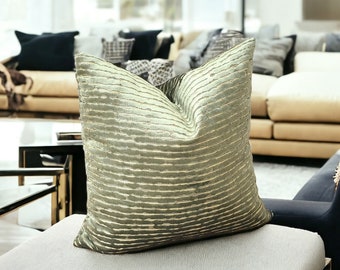 Sage Green Gold Elegant Velvet Striped Cushion Cover