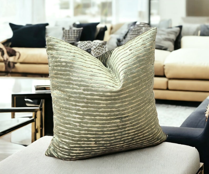 Sage Green Gold Elegant Velvet Striped Cushion Cover