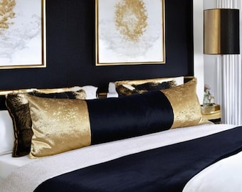 Luxurious Black And Gold Velvet Extra Long Decorative Lumbar Pillow Cover-Stylish Bedroom Décor-Housewarming Gift-Interior Design-Bed Pillow
