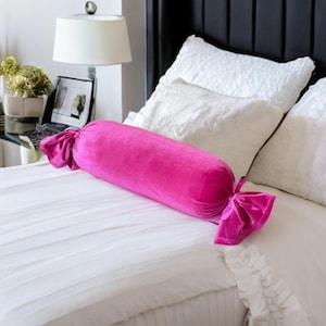 Stylish Hot Pink Velvet Decorative Bolster Bow Pillow With Insert-Birthday gift-Roll Pillow-Housewarming gift-Nursery Decor-Bedroom Decor