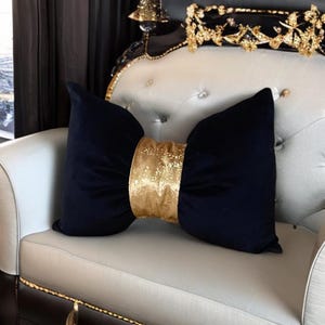Luxurious Gold And Black  Velvet Decorative Bow Pillow - 12x18"