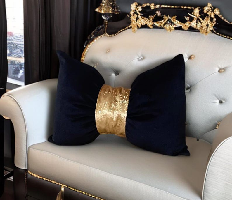 Luxurious Gold And Black  Velvet Decorative Bow Pillow - 12x18"