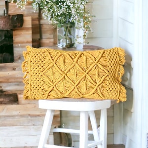 Mustard floral hand knotted macrame lumbar cushion case,Boho,Bohemian,Throw pillow,Farm House,Hand Made,Gift
