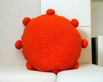 Handmade Orange Boucle Pom Pom Pillow, Round Throw Cushion
