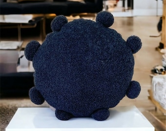 Navy Blue Boucle Circle Pillow with Pom Poms, Boho Decor