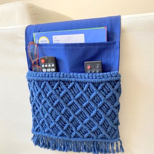 Navy Macrame Armrest Organizer,Remote Control Holder,Storage Basket,Armchair Organizer,11x37&quot;
