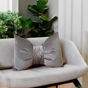 Luxurious Gray Velvet Decorative Bow Pillow - 12x18"