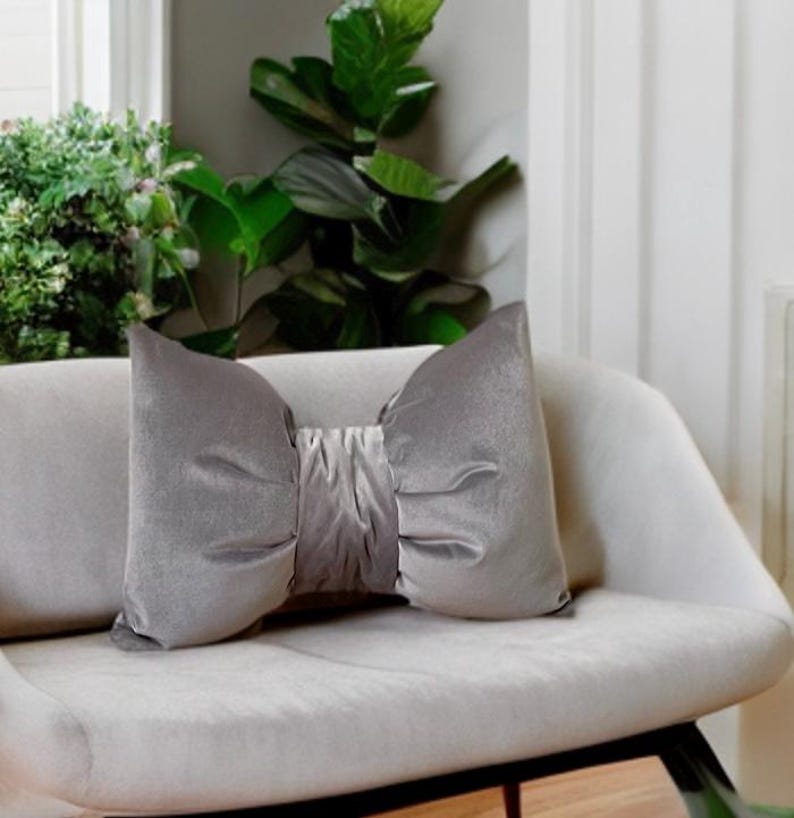 Luxurious Gray Velvet Decorative Bow Pillow - 12x18"