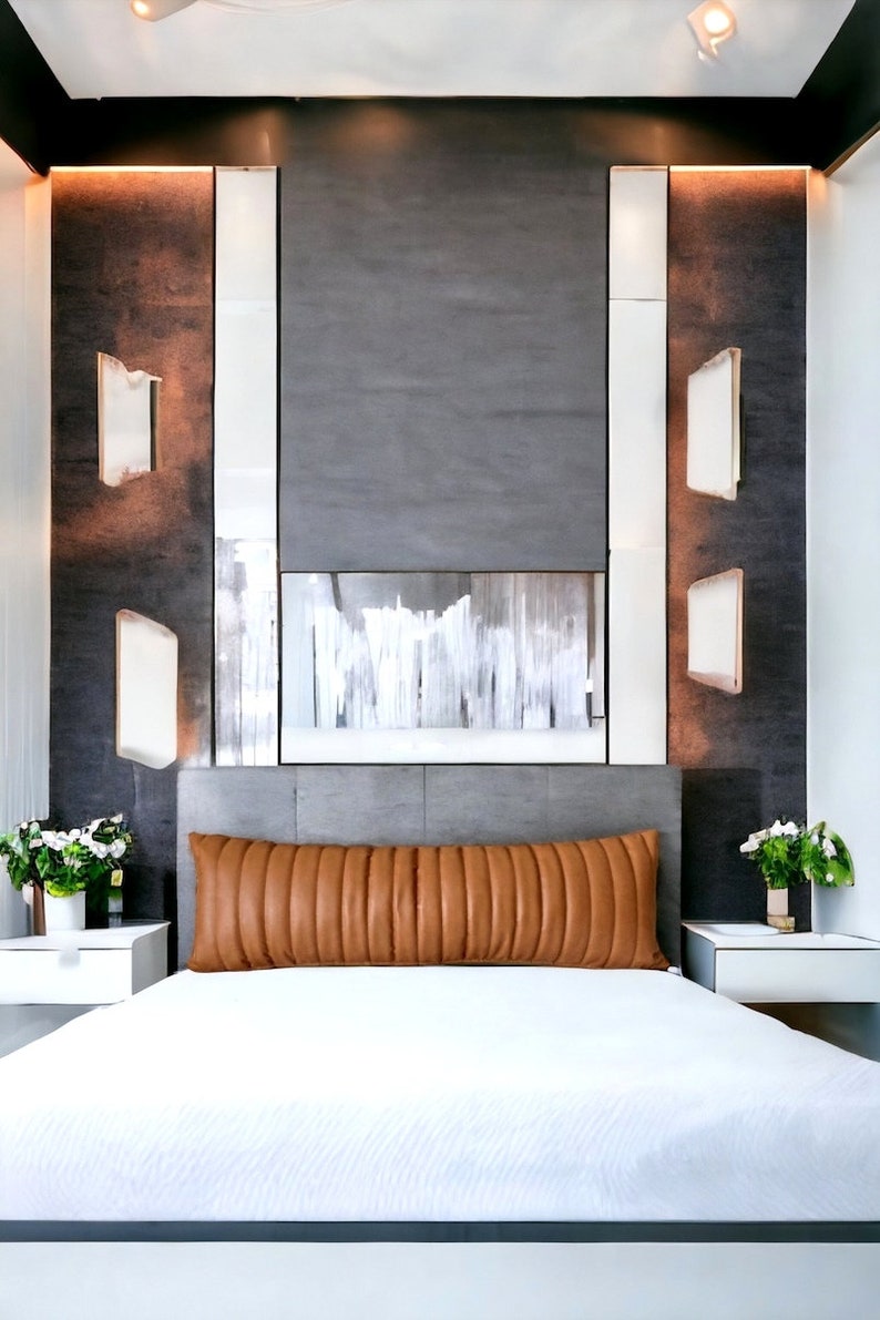 Cognac Faux Leather Lumbar Pillow Cover,throw Pillow,channel Stitched