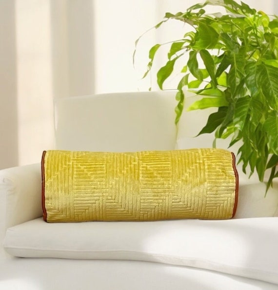 Boho Decor Geometric Patterted Mustard Yellow Velvet Faux Leather Piping Bolster Pillow Cover birthday Gift interior Style Etsy