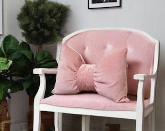 Pale Pink Velvet Bow Pillow – Handmade Decorative Cushion (12x18)