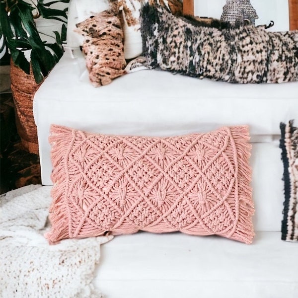 Pink floral hand knotted macrame lumbar cushion,Boho,Bohemian,Throw pillow,Farm House,Hand Made,Gift