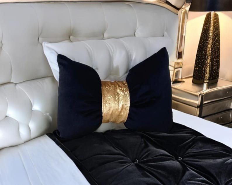 bedroom  decor  luxury  gold and  black bow  pillow