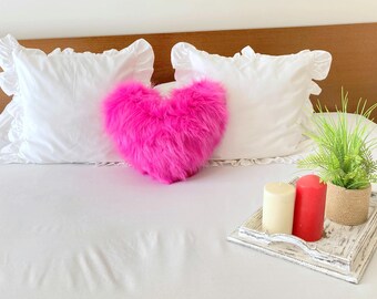 Hot Pink Heart Pillow: Faux Fur Plush Cushion, Romantic Decor