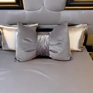 Modern  home decor  gray velvet bow  pillow