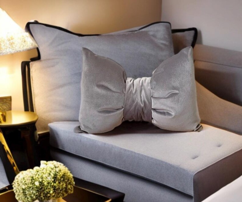 Birthday gift grey unique velvet  bow  pillow