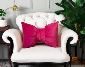 Unique Hot Pink Velvet Decorative Bow Pillow - 12x18&quot;-Birthday gift-Baby Shower Gift-Housewarming gift-Bedroom Decor-Valentines Day Gift