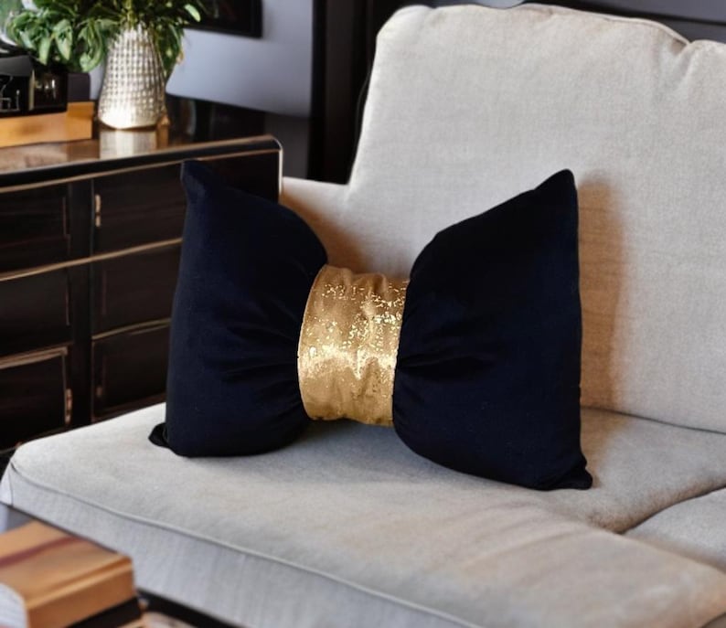Handcrafted velvet gold and  black bow pillow