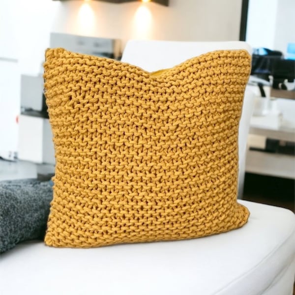 Mustard hand knitted cotton cushion case,Boho,Bohemian,Throw pillow,Farm House,Hand Made,Birthday Gift