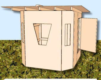 May include: A 6x6 hunting ground blind with a roof, a window, and a door. The blind is made of wood and is painted a light brown color.